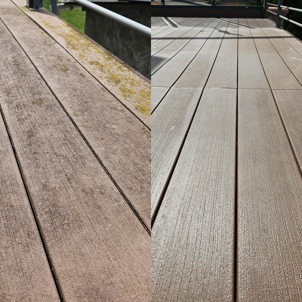 Résultat avant et après brossage de la terrasse, par Clean Terrasse